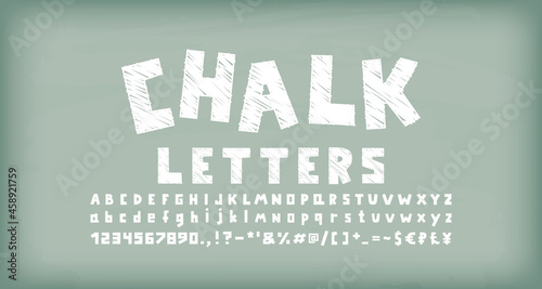 White chalk font, square shape uppercase and lowercase letters, numbers, punctuation marks, symbols. Green chalkboard background