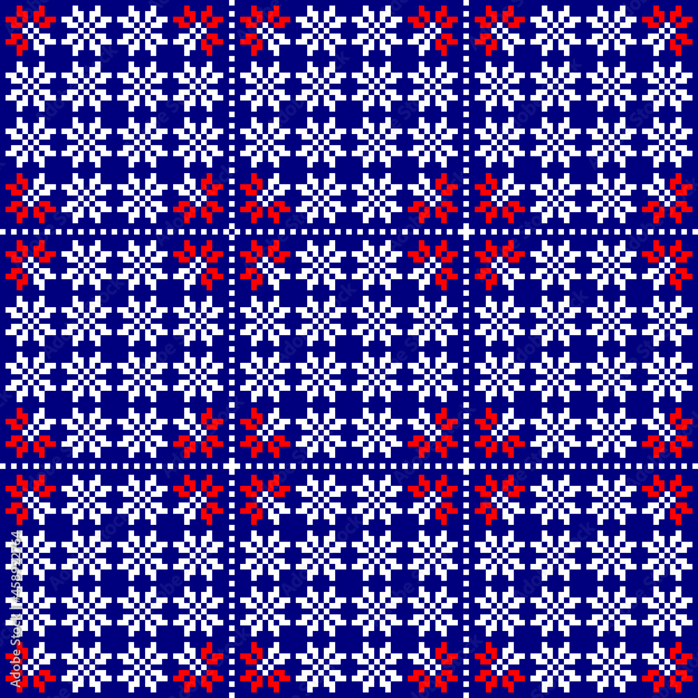Seamless knitting pattern with Norwegian snowflakes on a blue background