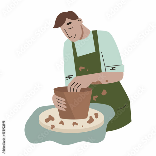 Man making pottery. Handcraft pottery workshop. Flat vector illustration.