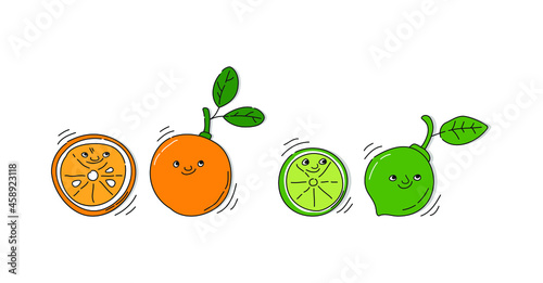 Orange and lime fruit with smile on white background. Whole citrus fetus and its half. Cartoon sketch. Freehand doodle style with black contour line. Cute hand drawn bottle. Party drinks concept