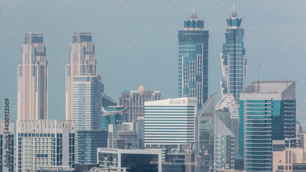 Skyline with modern architecture of Dubai business bay towers timelapse. Aerial view Skyline with modern architecture of Dubai business bay towers timelapse. Aerial view