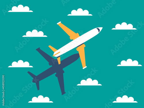 Passenger airplane flying trough clouds above the ocean and leaving a shadow behind. Vector illustration.