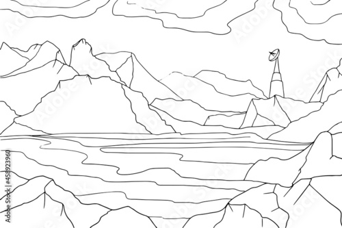 Doodle alien fantasy crater landscape coloring page for adults. Fantastic graphic artwork. Hand drawn illustration