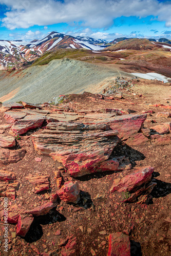 Landscape view of colorful rainbow volcanic Landmannalaugar mountains and famous Laugavegur hiking trail, with dramatic sky and snow in Iceland, summer