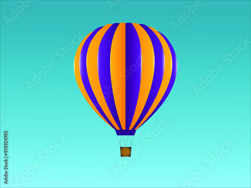 Illustration eines gestreiften Heißluftballons in den Farben Gelb und Lila. Hintergrund blau.