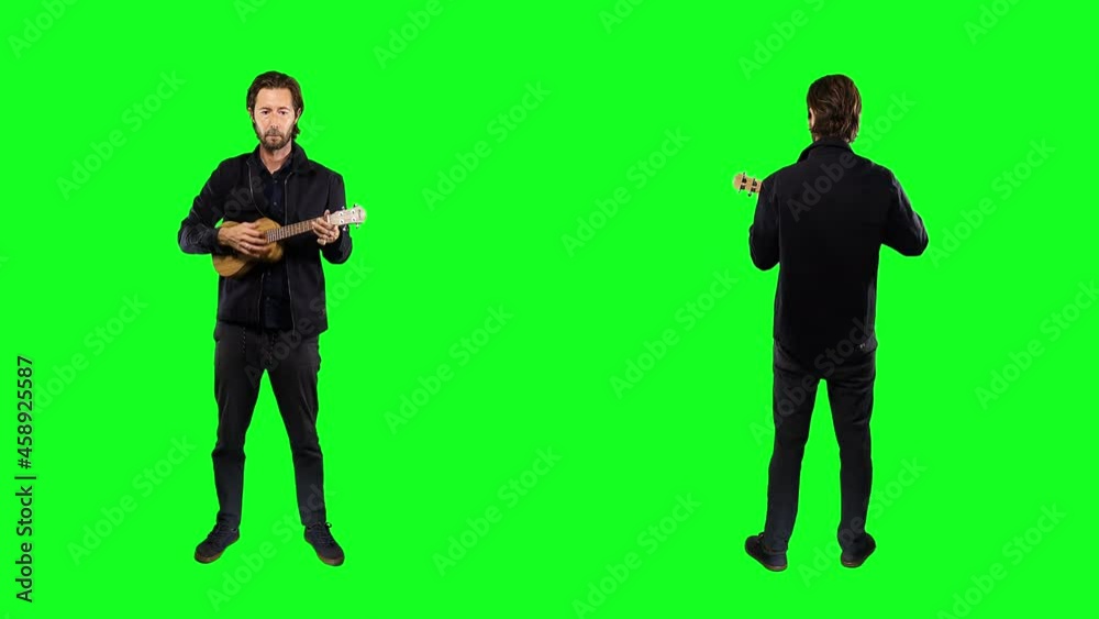 Playing Ukulele On Green Screen, Man Front And Back. Man playing