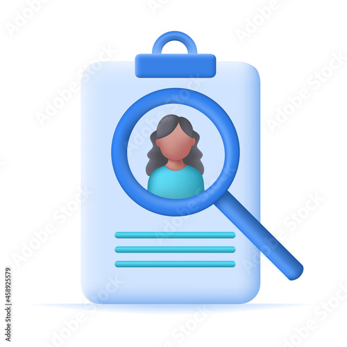 Head hunter 3d vector illustration. HR job with magnifying glass.