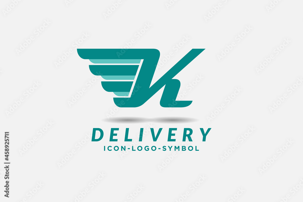 transportation logo design concept, red letter K with wing in white background , car logo, cargo .shipping. drop ship .vector graphic logo design illustration
