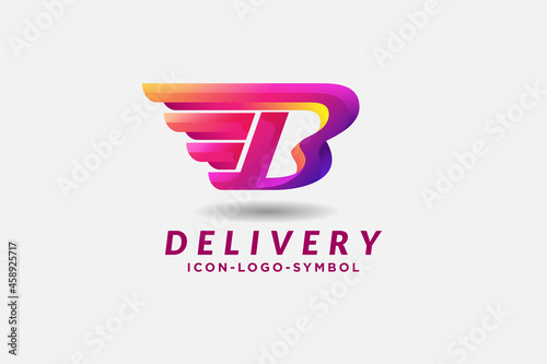 transportation logo design concept, colorful red three dimensional letter B with wing in white background , car logo, cargo .shipping. drop ship .vector graphic logo design illustration