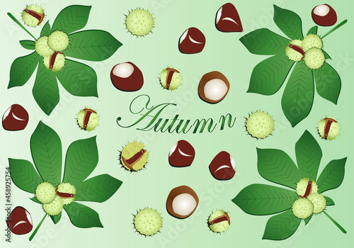 Portada otoñal con hojas de castaño verdes y castañas y con el texto Otoño