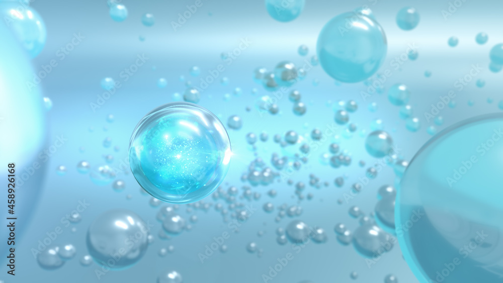 3D rendering Cosmetics Serum bubbles on a bright background. Collagen bubbles Design. Moisturizing Cream and Serum Concept.