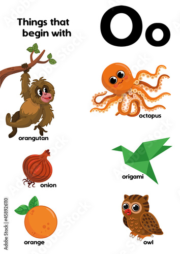 Things that start with the letter O. Educational, vector illustration for children.