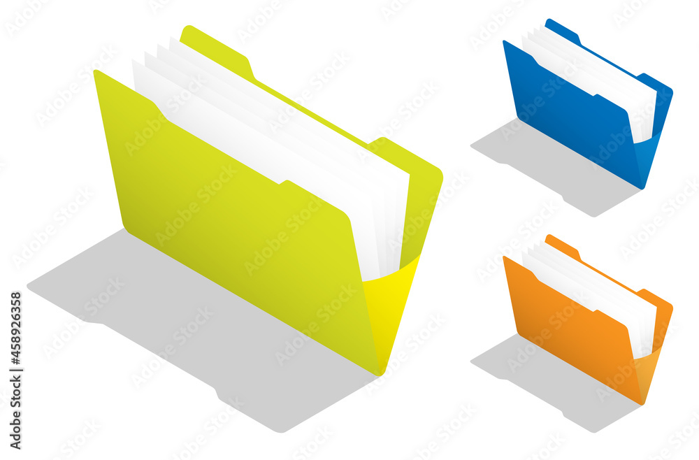 isometric Open yellow folder with documents. Empty filled. Remove paper sheet from the folder. Realistic 3D vector isolated on white background isometric Open yellow folder with documents. Empty filled. Remove paper sheet from the folder. Realistic 3D vector isolated on white background