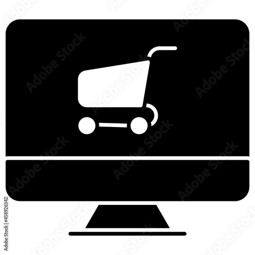 Pushcart inside monitor, solid design icon of eshopping