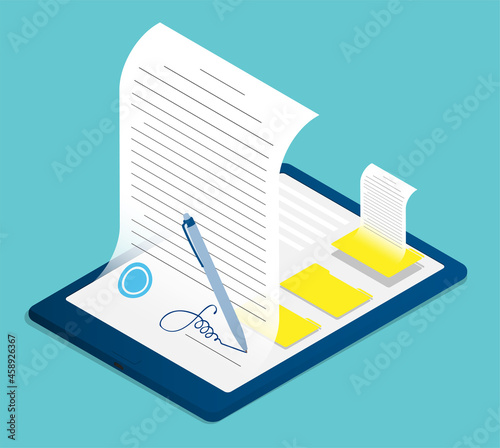 Isometric pen digitally writes signature on contract by tablet screen. Using digital sign for electronic documents. Realistic 3D vector isolated on background