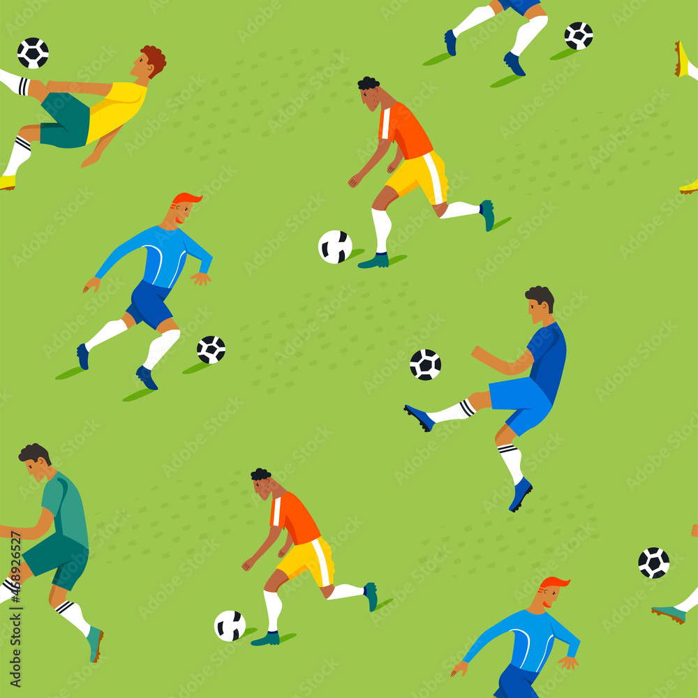 Soccer football match. Professional football players in game. Seamless pattern with balls. Vector colorfull illustration in trendy style on green background for printing.