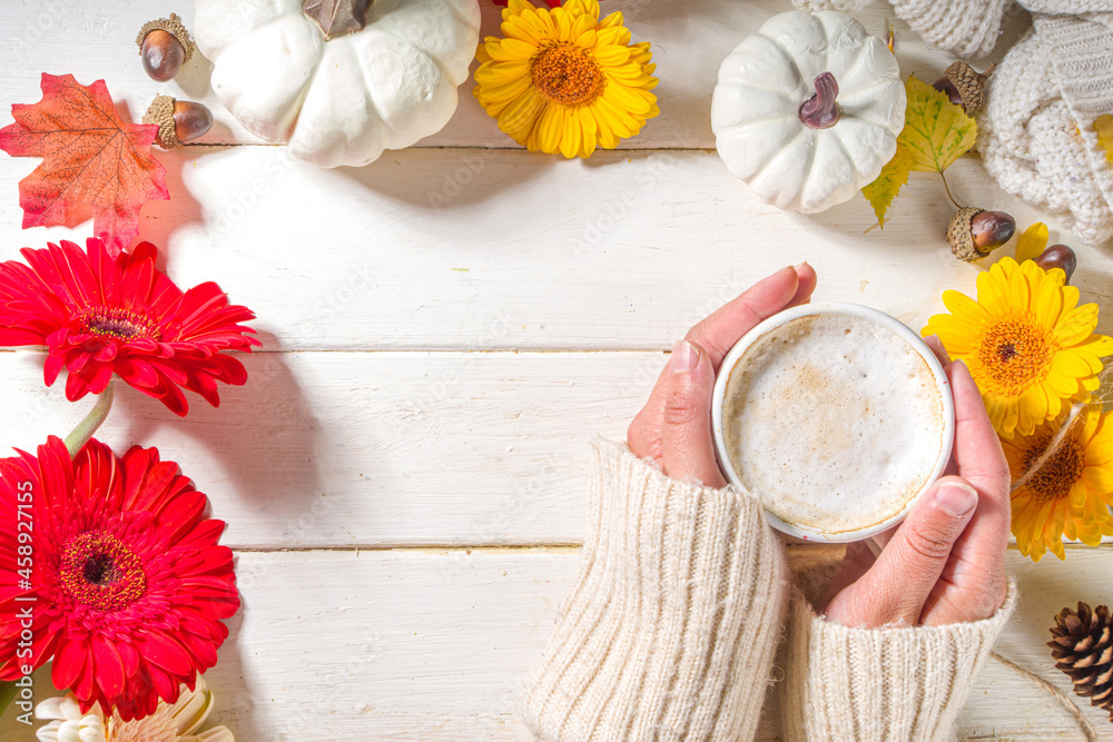 Fototapeta premium Cozy fall background with coffee latte