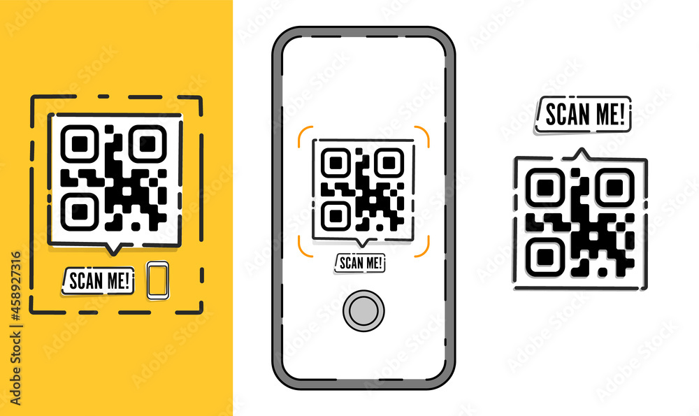 Qr Code SCAN ME template with smartphone and sample design set. Vector format
