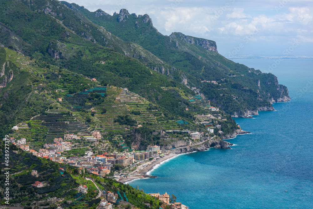 Scenic bird's eye view of the Amalfi Coast in Italy.