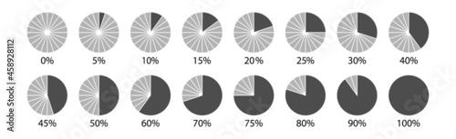 Circle percent diagram collections for infographics, 0, 5, 10, 15, 20, 25, 30, 35, 40, 45, 50, 55, 60, 65, 70, 75, 80, 85, 90, 95, 100. Vector illustration