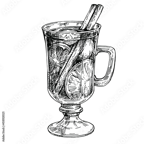 Sketch mulled wine. Hand drawn winter beverage. Glass Cup of hot drink with cinnamon stick and orange. 