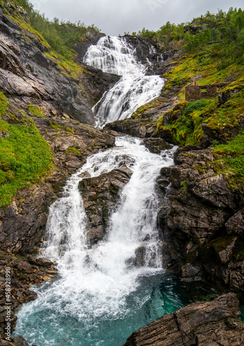 Large waterfall on the route between Myrdal and Flam, Norway 