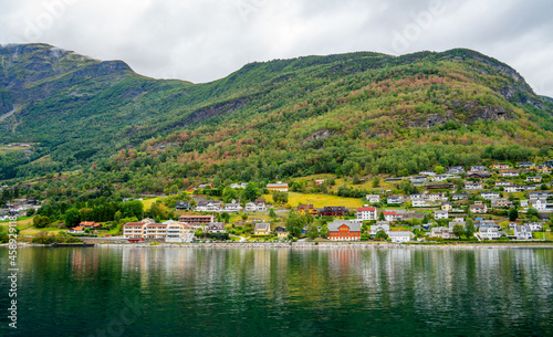 Village on the side of the Sognefjord near Flam, Norway 
