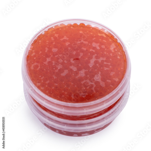 Red caviar in plastic container