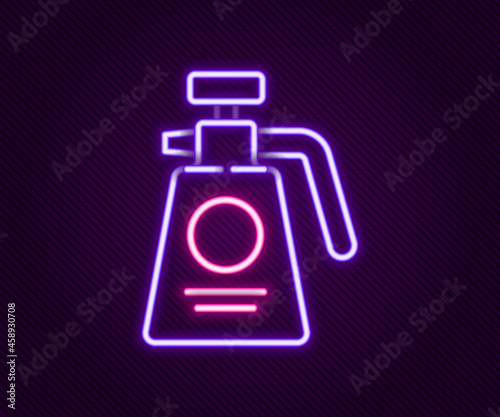 Glowing neon line Garden sprayer for water, fertilizer, chemicals icon isolated on black background. Colorful outline concept. Vector