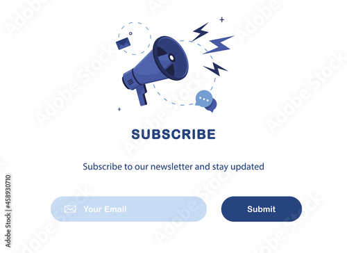 Vector banner illustration of email marketing. Subscription to newsletter, news, offers, promotions. Megaphone. Buttons template. Subscribe, submit. Send by mail. Blue and White