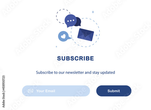 Vector banner illustration of email marketing. Subscription to newsletter, news, offers, promotions. Buttons template. Subscribe, submit. Send by mail. Blue and White