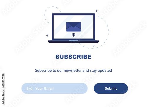 Vector banner of email marketing. Subscription to newsletter, news, offers, promotions. A letter in envelope on laptop. Buttons template. Subscribe, submit. Send by mail. Follow me. Blue. Eps 10