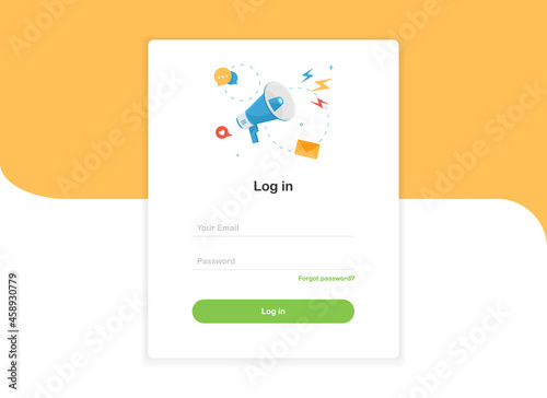 Login pop up landing page template form with megaphone in flat design. Popup for website page. UI design.