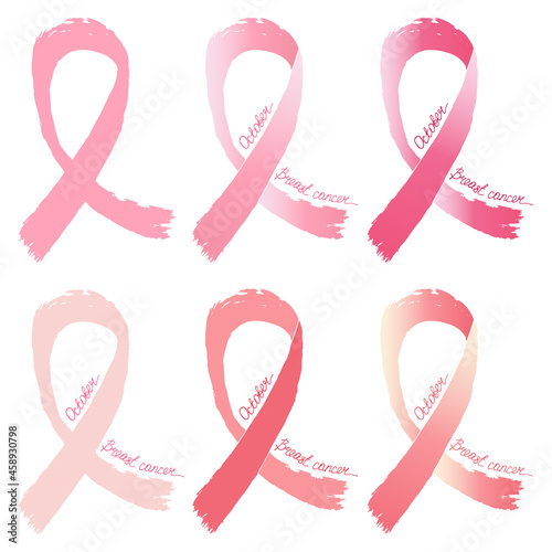 Pink ribbon isolated on white background. Brest cancer awareness symbol. Hand drawn pink bow for health care concept, embleme, banner, logottype, sticker or other use. Vector illustration. Set.