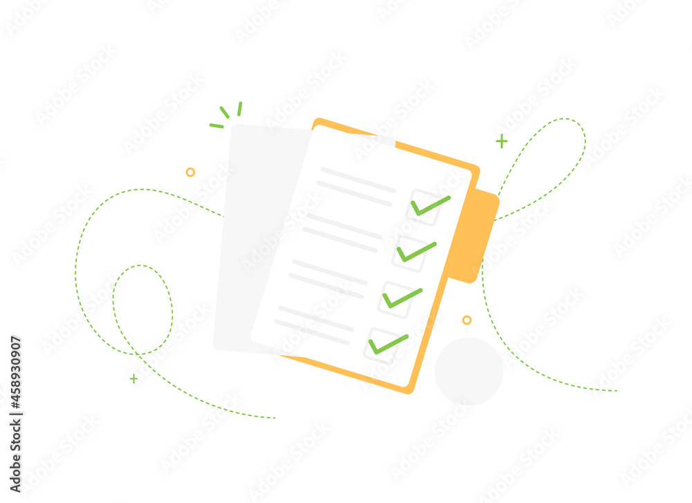 Completed task list. Documents in a folder. Check mark. Clipboard or to do list with tick. Flat design