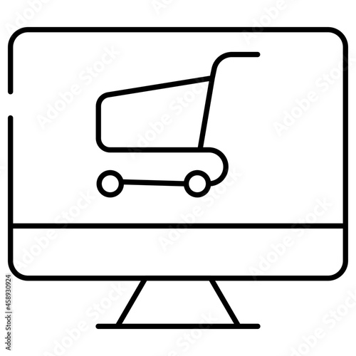 Pushcart inside monitor, linear design icon of eshopping