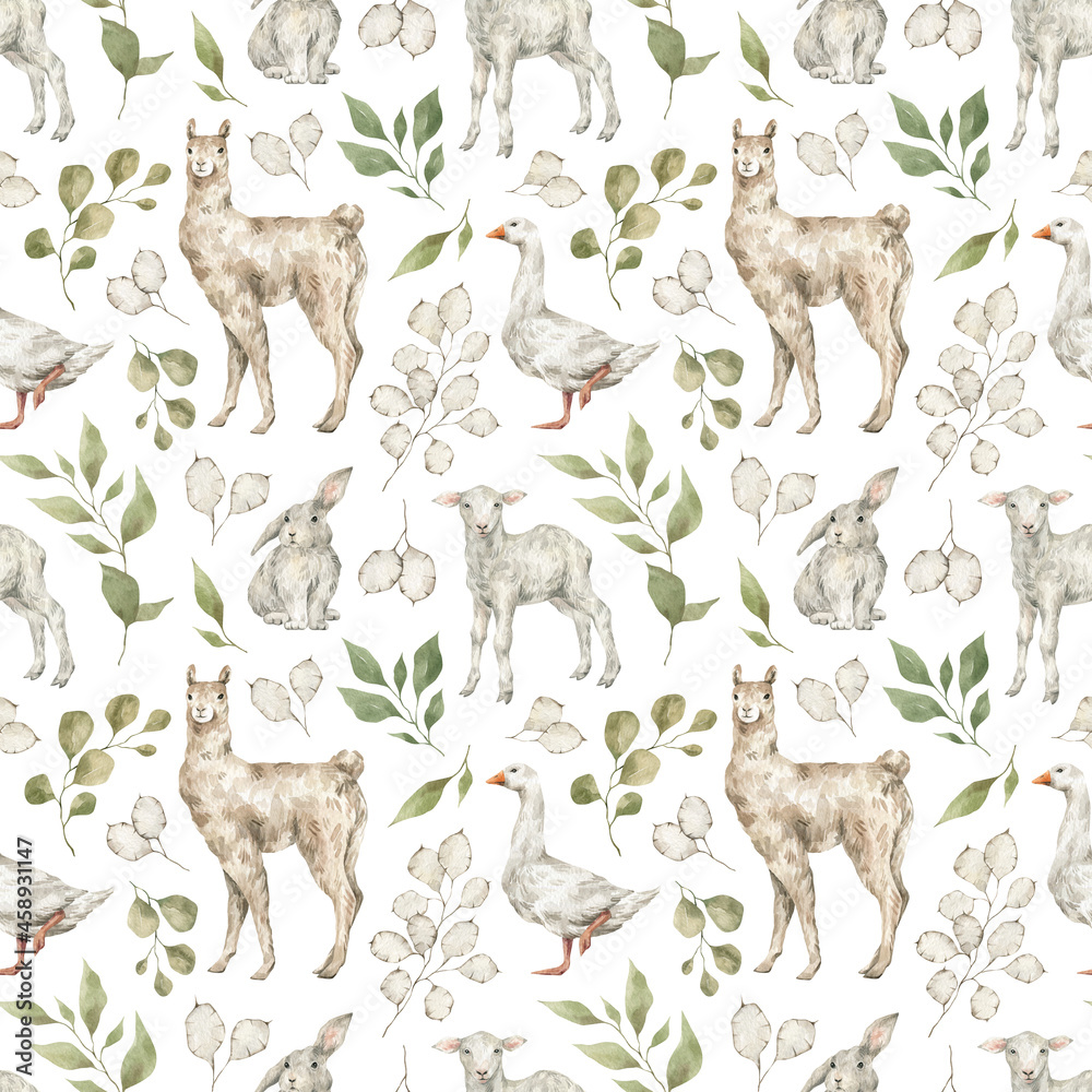Fototapeta premium Watercolor seamless pattern with cute farm animals and leaves. Llama, goose, sheep, rabbit and plants