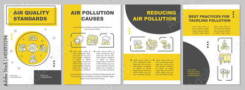 Air quality standards brochure template. Reducing air pollutants. Flyer, booklet, leaflet print, cover design with linear icons. Vector layouts for presentation, annual reports, advertisement pages