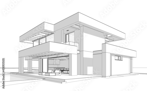 3d rendering of modern cozy house with pool and parking for sale or rent in luxurious style. Black line sketch with soft light shadows on white background