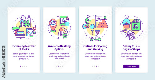 City solutions onboarding mobile app page screen. Recycling and reuse walkthrough 4 steps graphic instructions with concepts. UI, UX, GUI vector template with linear color illustrations