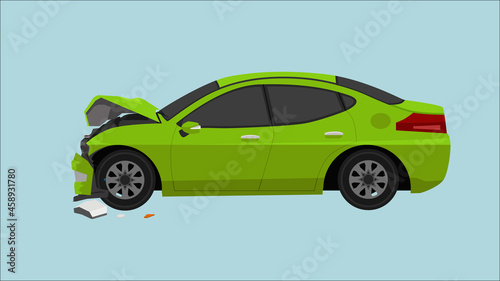Green sedan car was severely damaged. Front wheels folded and the front bumper had broken apart. Unable to drive further. Smoke escaped from the car.
