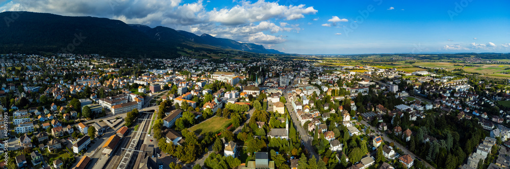  Aerial view around the old town of Grenchen in Switzerland on a sunny day in summer.