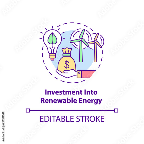 Investment into renewable energy concept icon. Reducing air pollution abstract idea thin line illustration. Wind power. Financial support. Vector isolated outline color drawing. Editable stroke