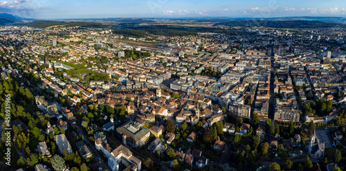 Aerial view around the old town of Biel/Bienne in Switzerland on a sunny day in summer.