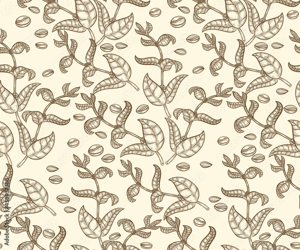 Coffee crops and beans decorative monochrome seamless pattern