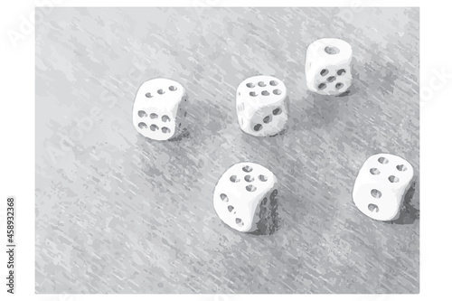 Gray Pencil drawing of dice. A game combination of five dice. Vector illustration.