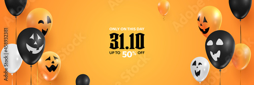 Halloween special offer sale vector banner. Colorful balloons with funny faces on the orange background web banner