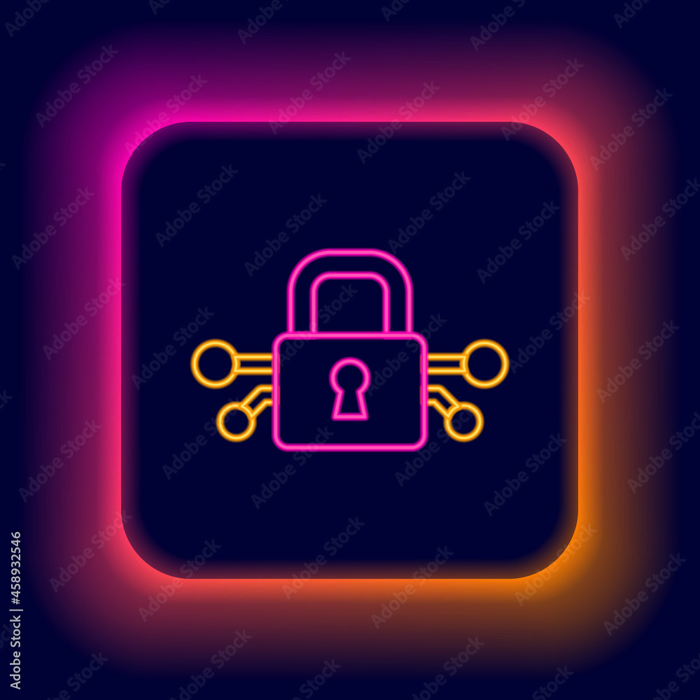 Glowing neon line Cyber security icon isolated on black background. Closed padlock on digital circuit board. Safety concept. Digital data protection. Colorful outline concept. Vector Glowing neon line Cyber security icon isolated on black background. Closed padlock on digital circuit board. Safety concept. Digital data protection. Colorful outline concept. Vector