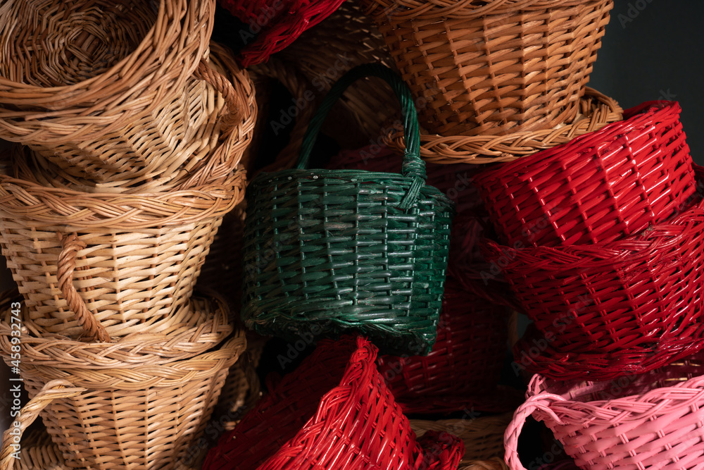 Piles of colorful wicker baskets