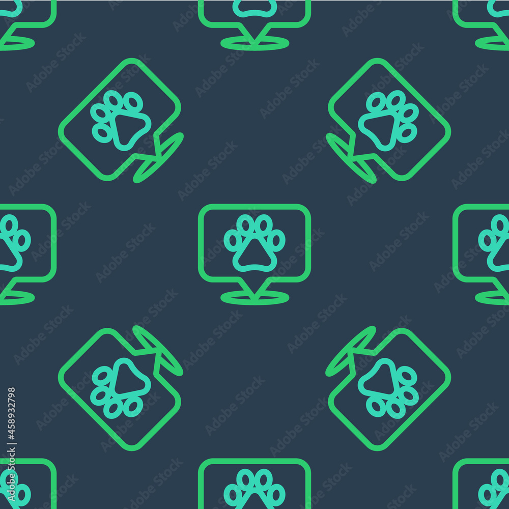 Line Map pointer with veterinary medicine hospital, clinic or pet shop for animals icon isolated seamless pattern on blue background. Vet or veterinarian clinic. Vector